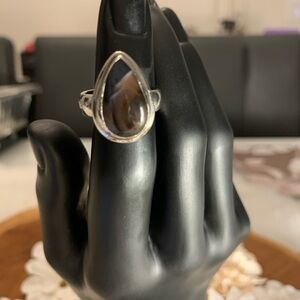 Chic Silver and Smoky Brown Onyx Stone Teardrop Ring